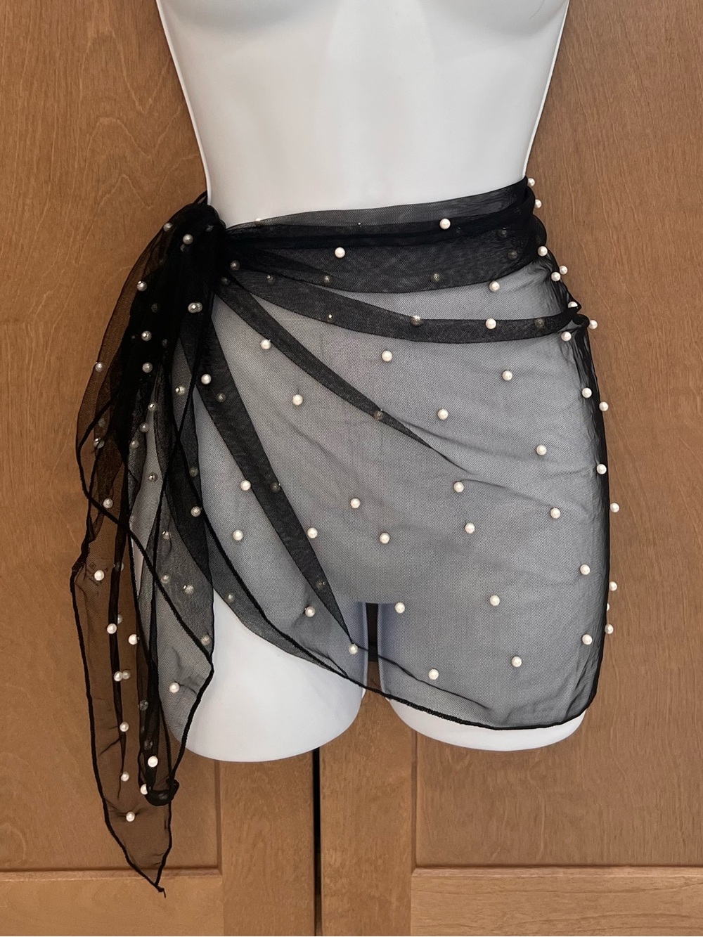 Sheer Black Mesh Pearl-Embellished Sarong Wrap
